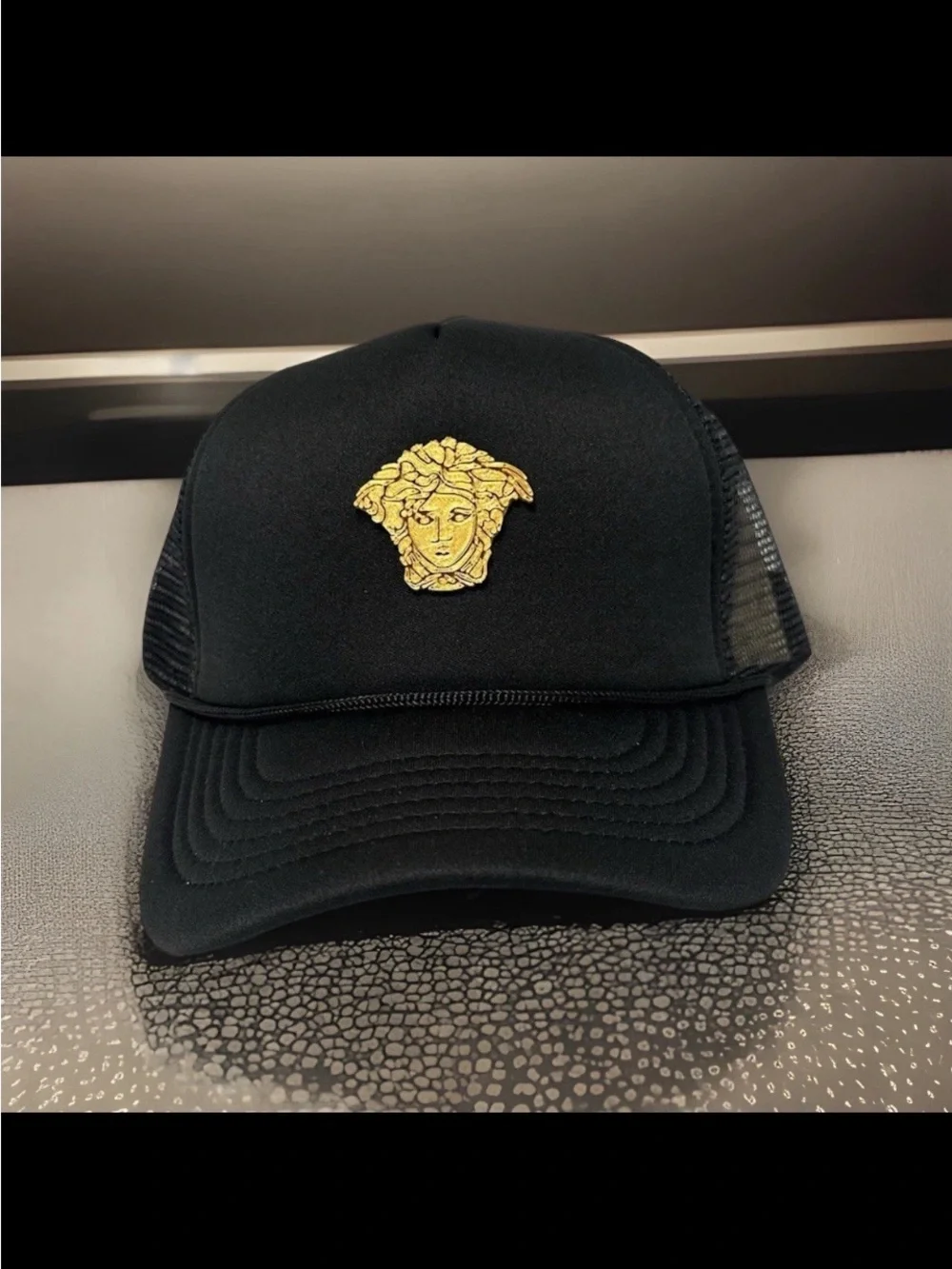 Black Trucker Cap with Gold Medusa Emblem - Men Grooming Accessory new